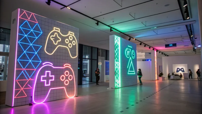 Contemporary art installation with gaming symbols and neon lighting elements