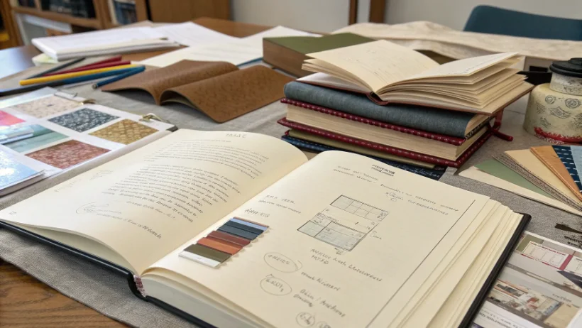 Design research materials including books, sketches and material samples spread on desk