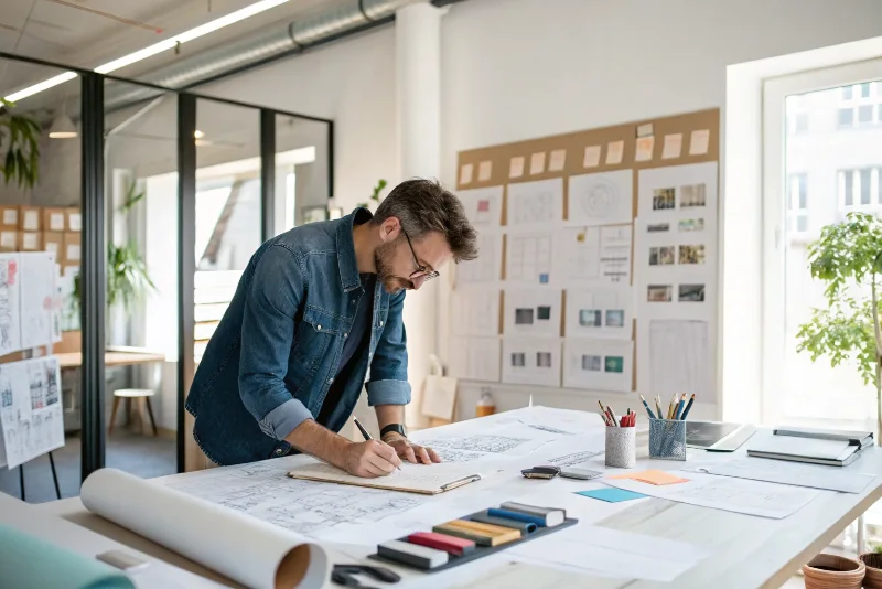 Designer working with materials and sketches in creative studio