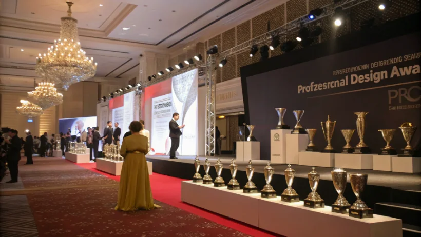 Professional design awards ceremony with trophies and exhibition displays
