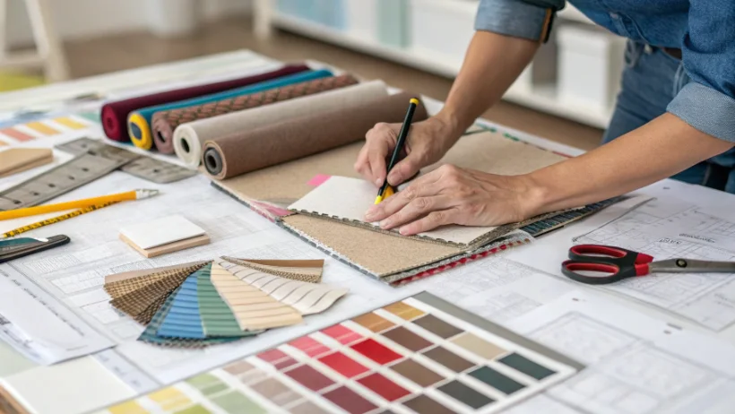 Designer hands working with various material samples and testing tools on workbench