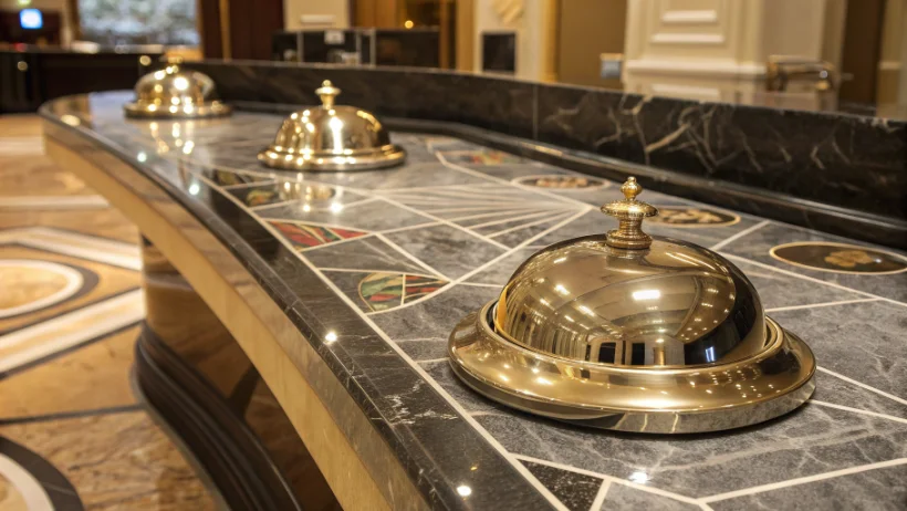 Luxurious casino materials including polished metal and textured stone surfaces