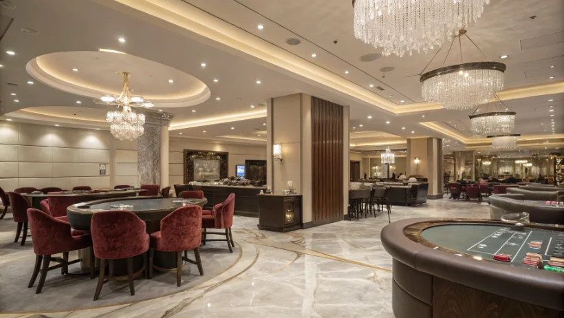 Elegant casino interior with contemporary lighting fixtures and sophisticated spatial layout