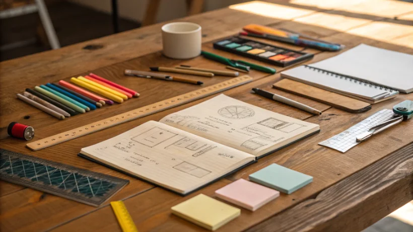 Designer workspace with materials and sketches on wooden table