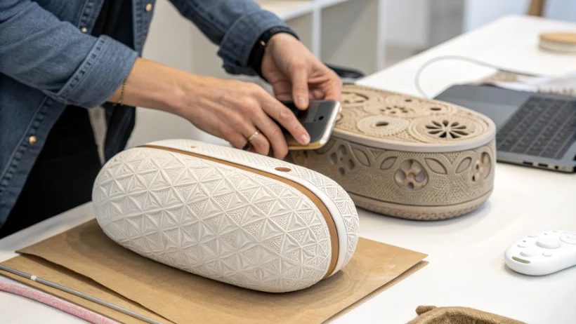 Person interacting with tactile product design showing textured surfaces and refined details